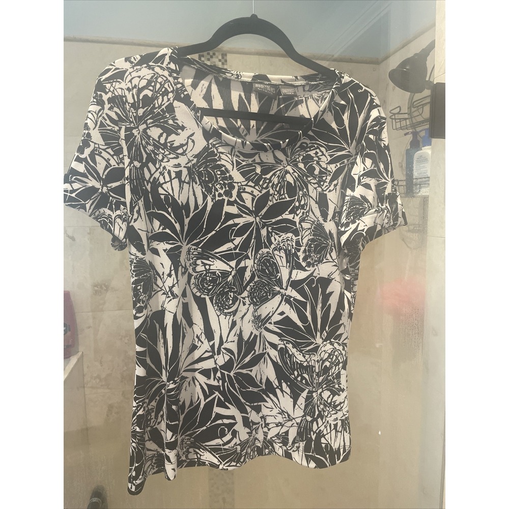 CHICO'S 0 Additions T-Shirt Womens Small/4-6 Black White Butterfly Short Sleeve